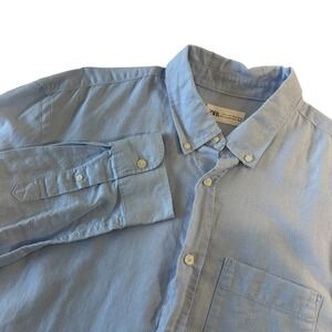 Zara Mens Light‎ Blue Linen Blend Button Down Shirt Large Preppy Coastal